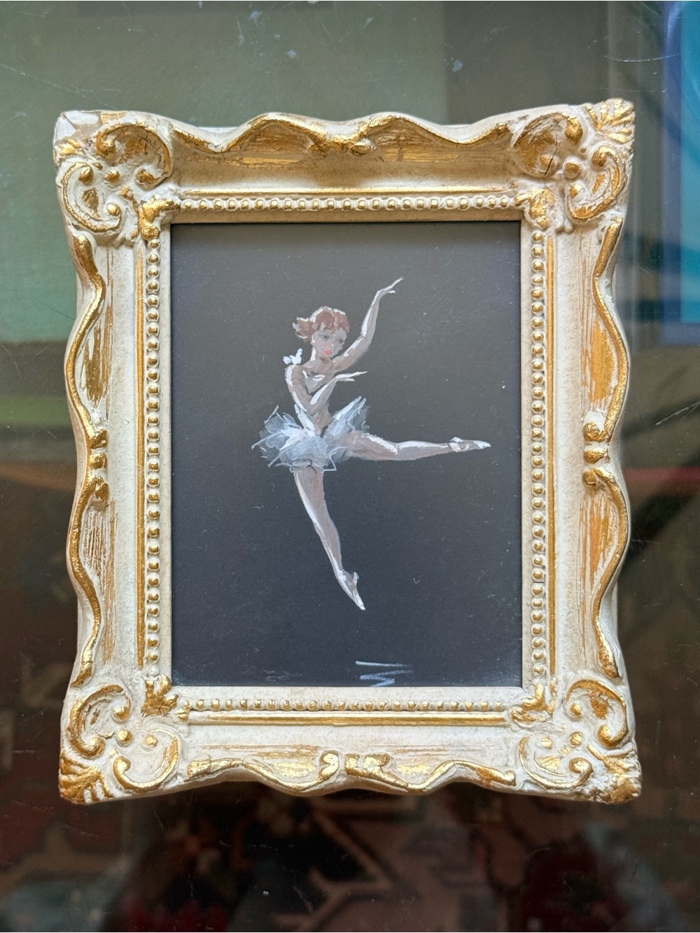 Vintage small custom framed ballerina original oil painting balletcore